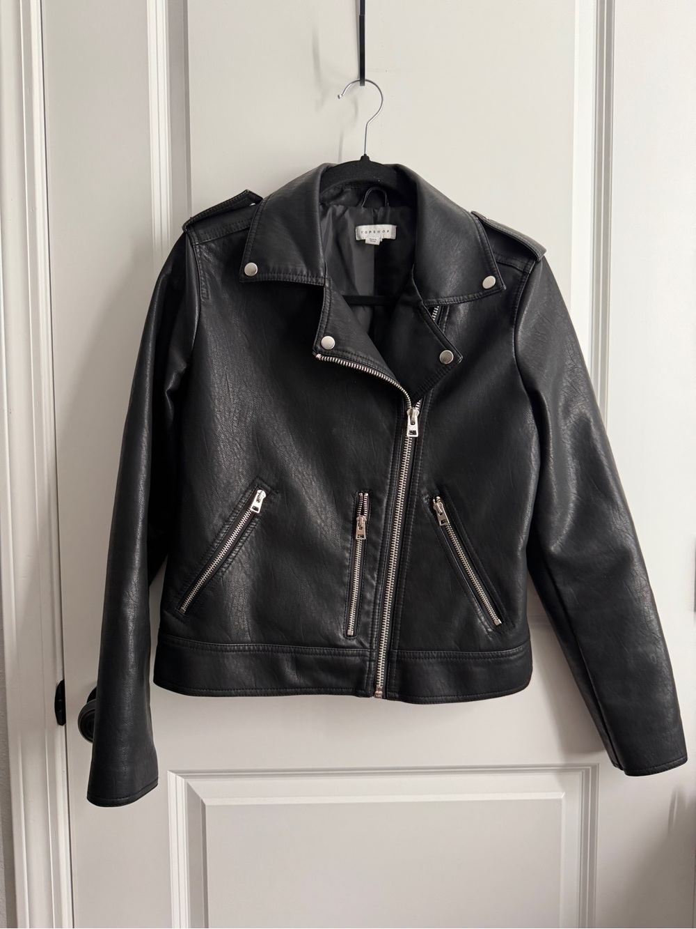 Topshop Black Faux Leather Moto Jacket with Silver Hardware